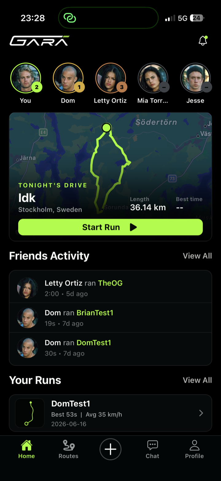GARA home screen with friend rankings, tonight's route, activity, and recent runs